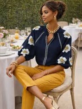 THML JENNY EMBROIDERED TOP Puff Sleeves Floral Blue Size Small NWT